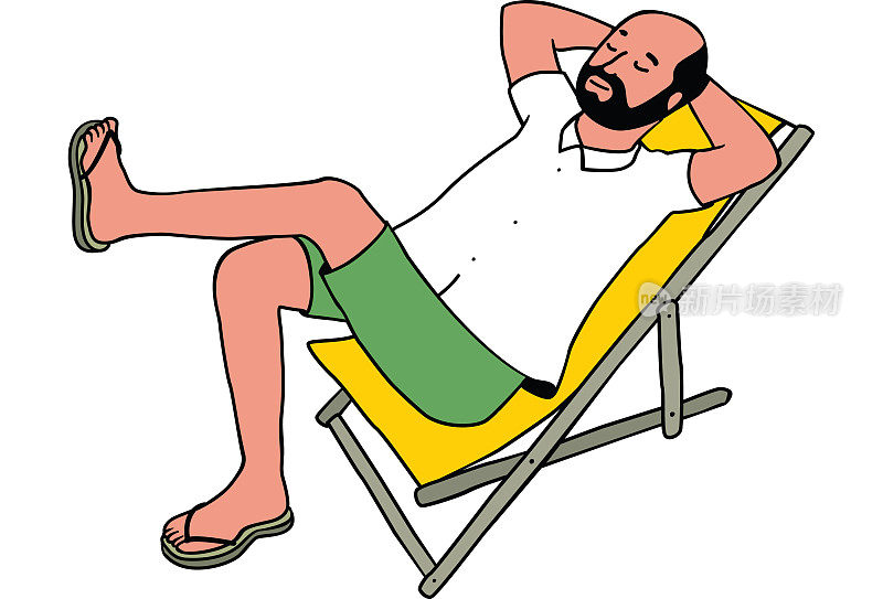 Bald and bearded man resting on a deck chair